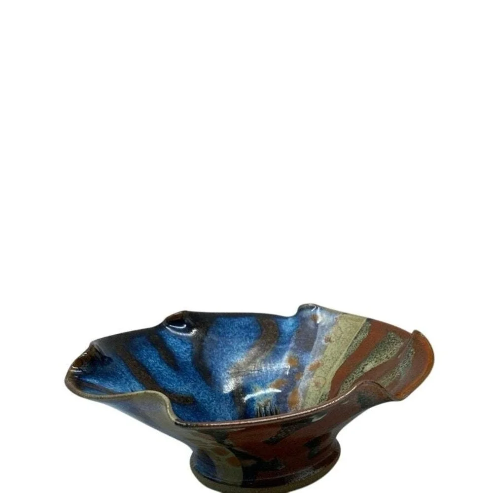 Studio Pottery Drip Glaze‎ Vase with Metal Flower Frog Artist Signed 6.5